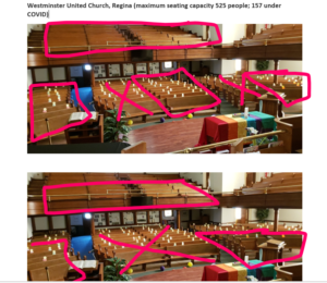 Two photos of a church sanctuary with wooden pews as first floor and balcony seating. Pink boxes and Xs mark where seating should not be available. 