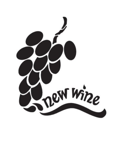 A hand drawn bunch of grapes with the script "new wine" flowing from the bottom of the bunch.