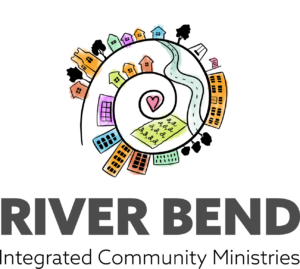 A spiral of buildings and people, with a heart at the centre, and the words "River Bend Integrated Community Ministries". 
