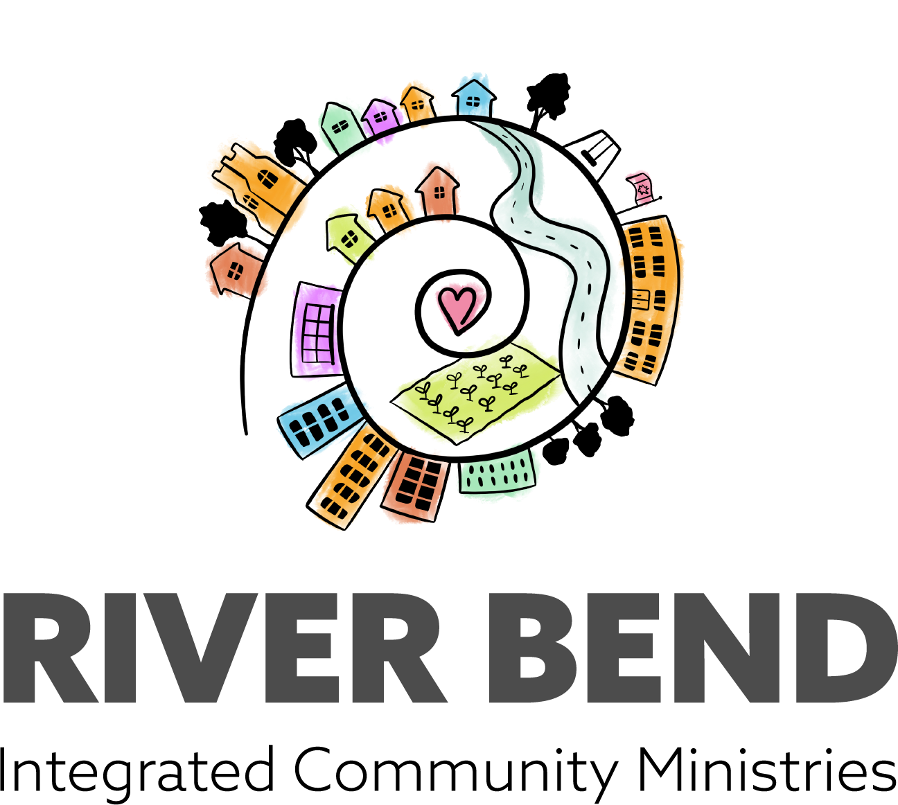 A spiral of buildings and people, with a heart at the centre, and the words "River Bend Integrated Community Ministries".