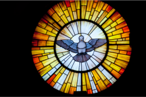 A grey dove emerging from a yellow and orange sunburst on a black background, all in stained glass.