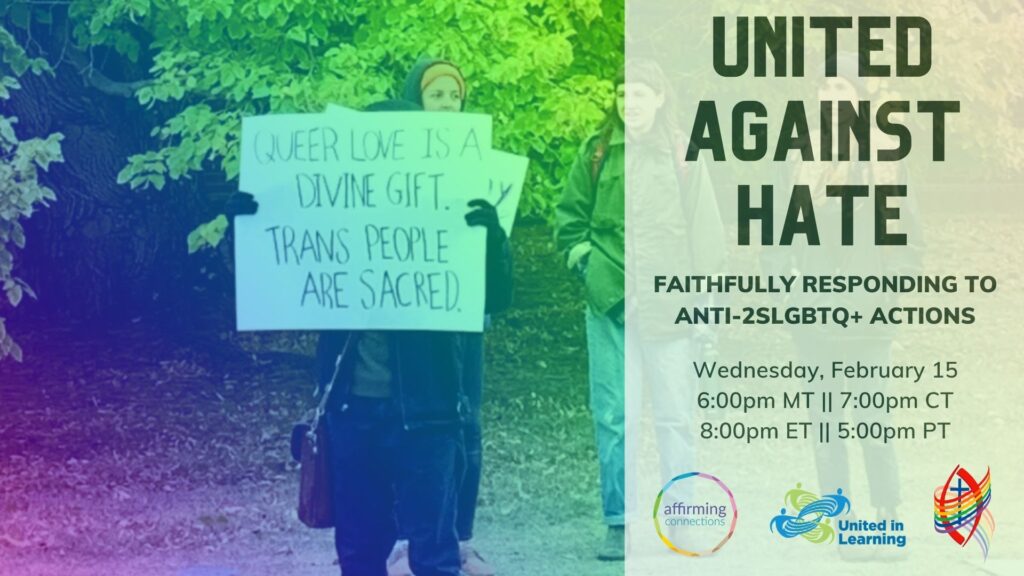 United Against Hate with a person holding a sign reading "trans people are sacred".