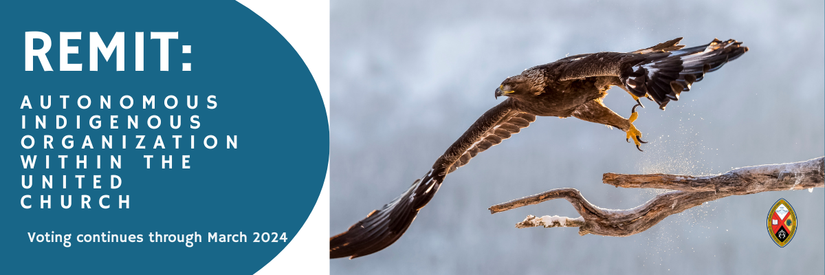 A golden eagle launching from a branch. Left on a blue background: "Remit: Autonomous Indigenous Organization. Voting through March 2024"