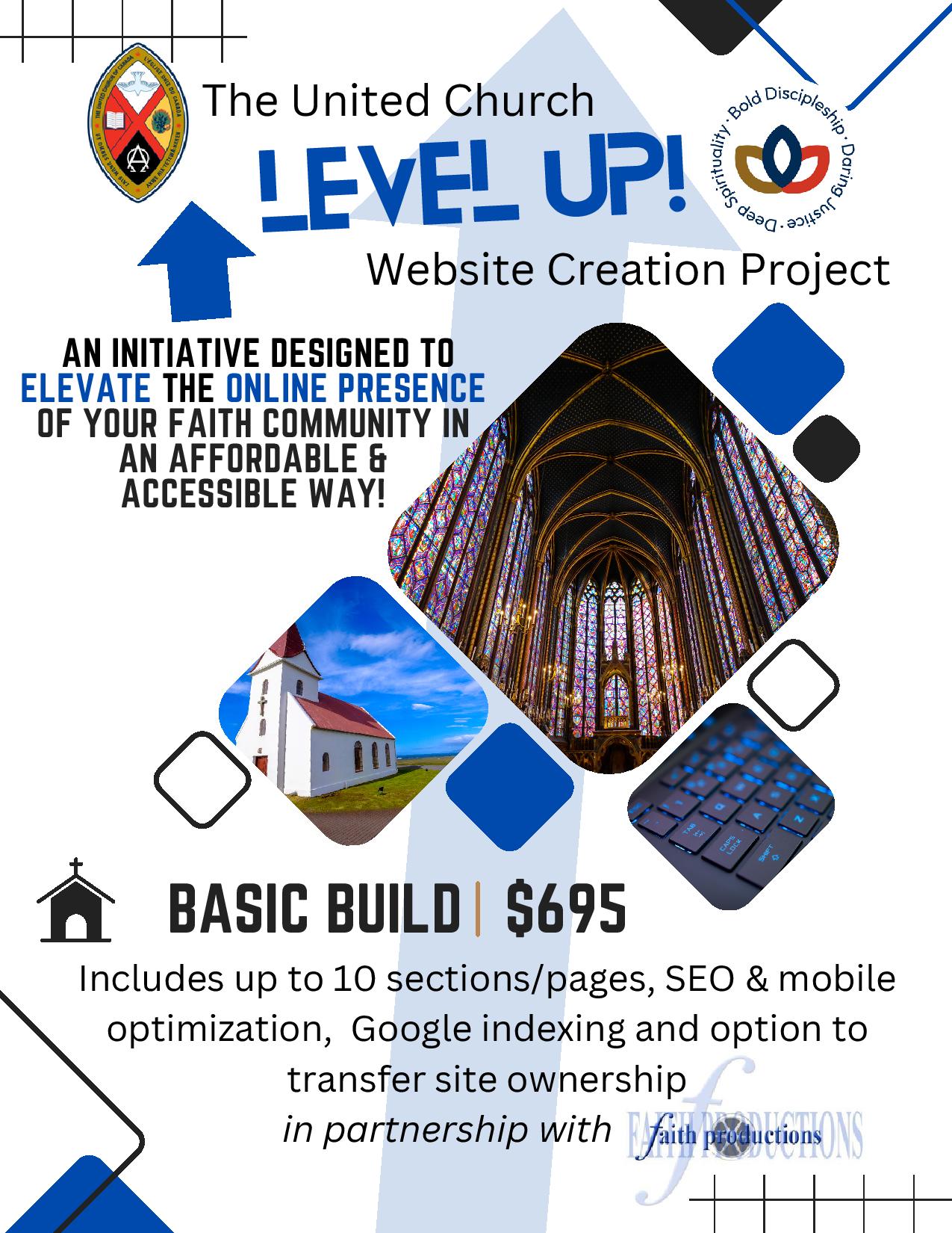 Level Up website design: basic build 695 dollars, with an image of a cathedral and another of a rural church. 