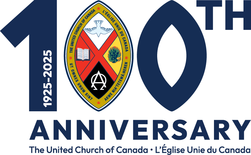 1925-2025 !00th Anniversary, with the United Church crest forming the second zero. Text underneath: The United Church of Canada/ L'eglise unie du Canada