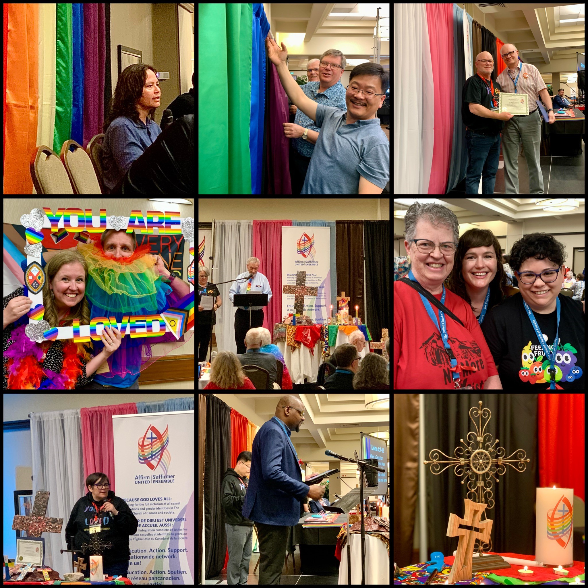 Collage of nine photos showing diverse people at the Affirming celebration. 