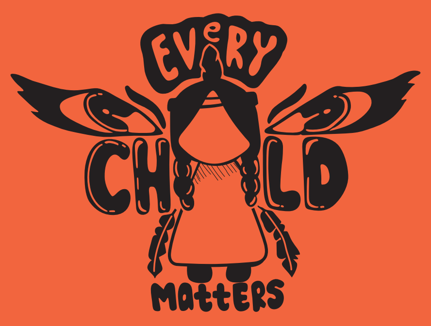 Official logo of Orange Shirt Day. Orange background, drawing of a child with braids and wings, and the the words "every child matters".