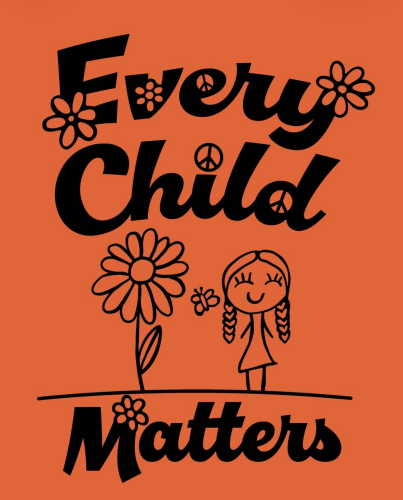 Orange background with the header in flowing script, "Every Child Matters". A flower, with a child in braids and smiling standing next to the flower.