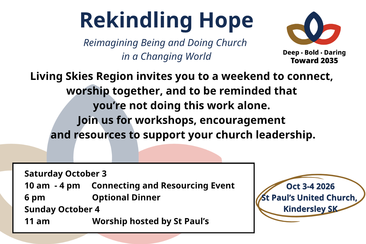 Poster, with the three-leaves logo Deep-Bold-Daring written underneath. Header: Rekindling Hope, reimagining being and doing church in a changing world. All other info on the poster is contained in an events calendar post- it's too long for this space.